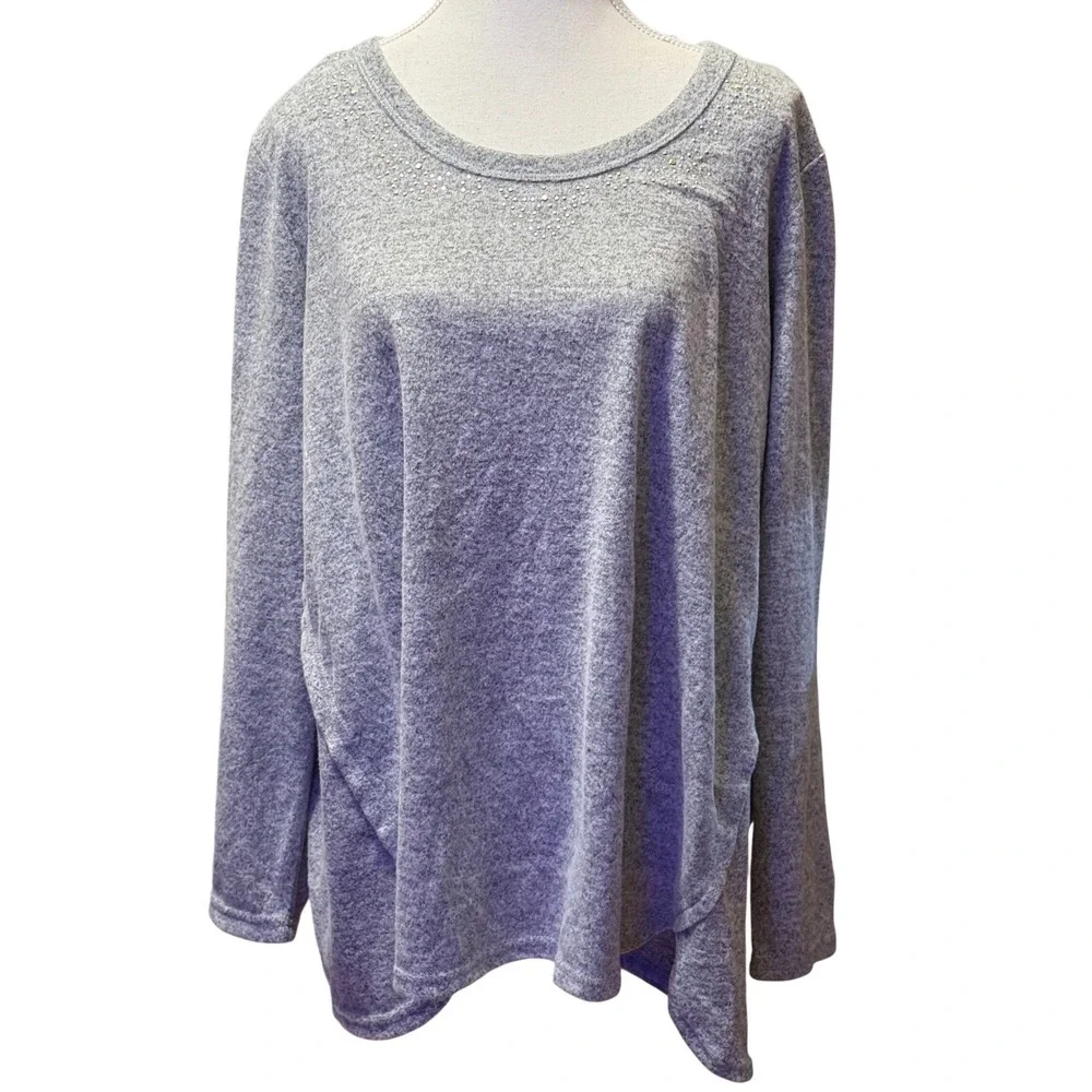 Erika Women's Grey Heathered‎ Long Sleeve Rhinestone Embellished Tunic Top XXL